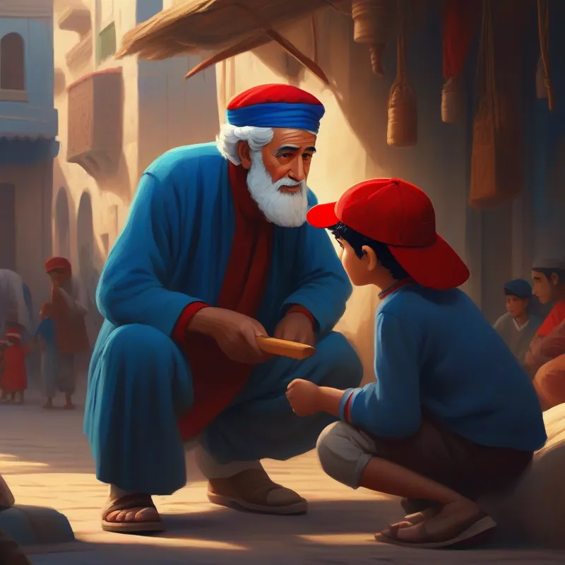 An old man teaching Curious boy with blue clothes and a red cap about Damietta's history