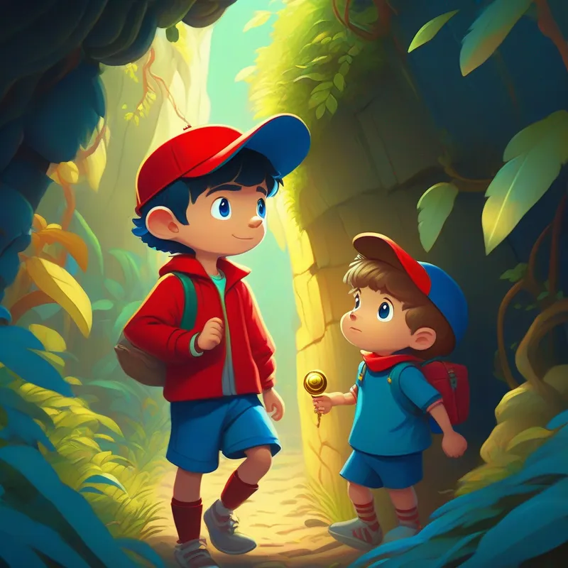 Curious boy with blue clothes and a red cap and his friends finding a hidden chamber with gold