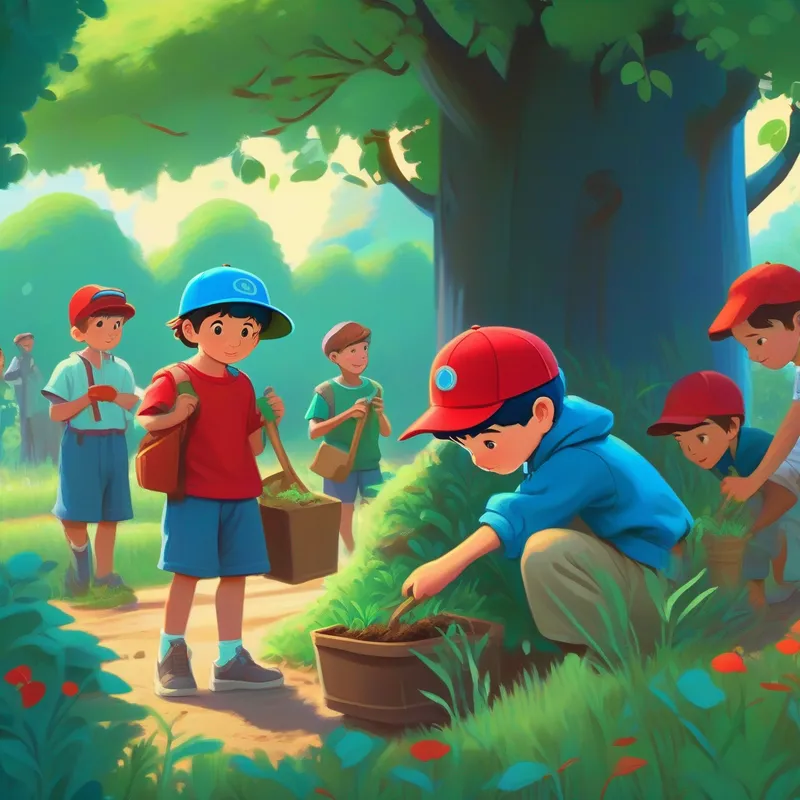 Curious boy with blue clothes and a red cap and friends building a library and planting trees