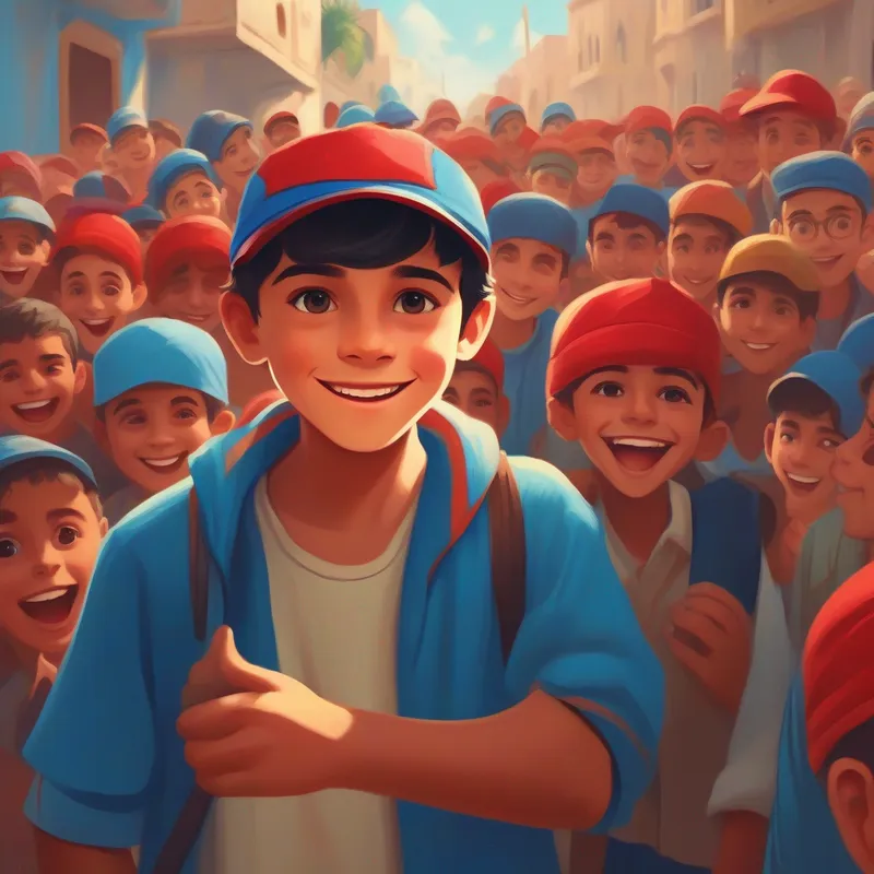 A happy Curious boy with blue clothes and a red cap surrounded by grateful townspeople in Damietta