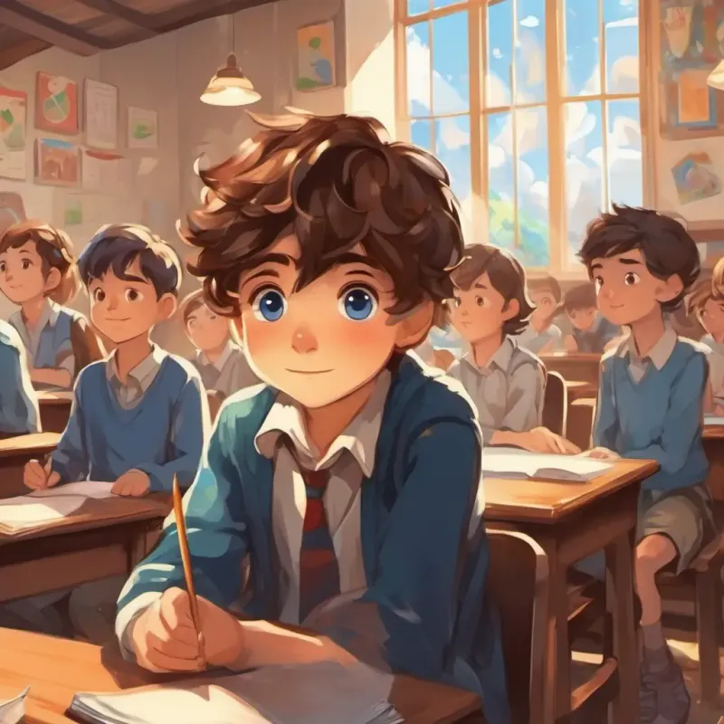 A curious boy with brown hair and sparkling blue eyes sitting in a classroom, surrounded by classmates