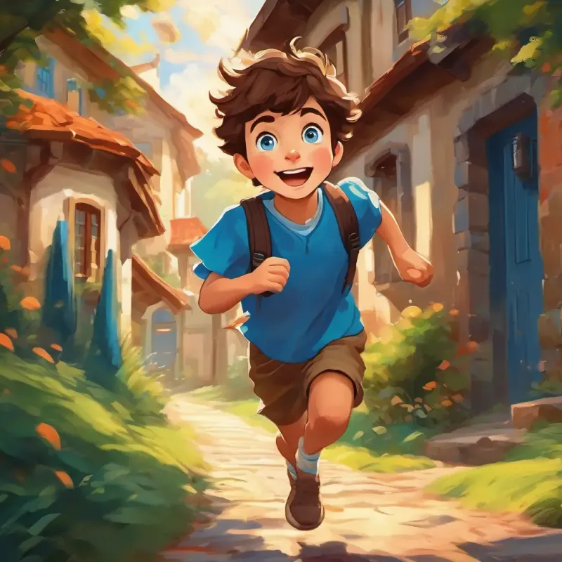 A curious boy with brown hair and sparkling blue eyes running home, bursting with excitement