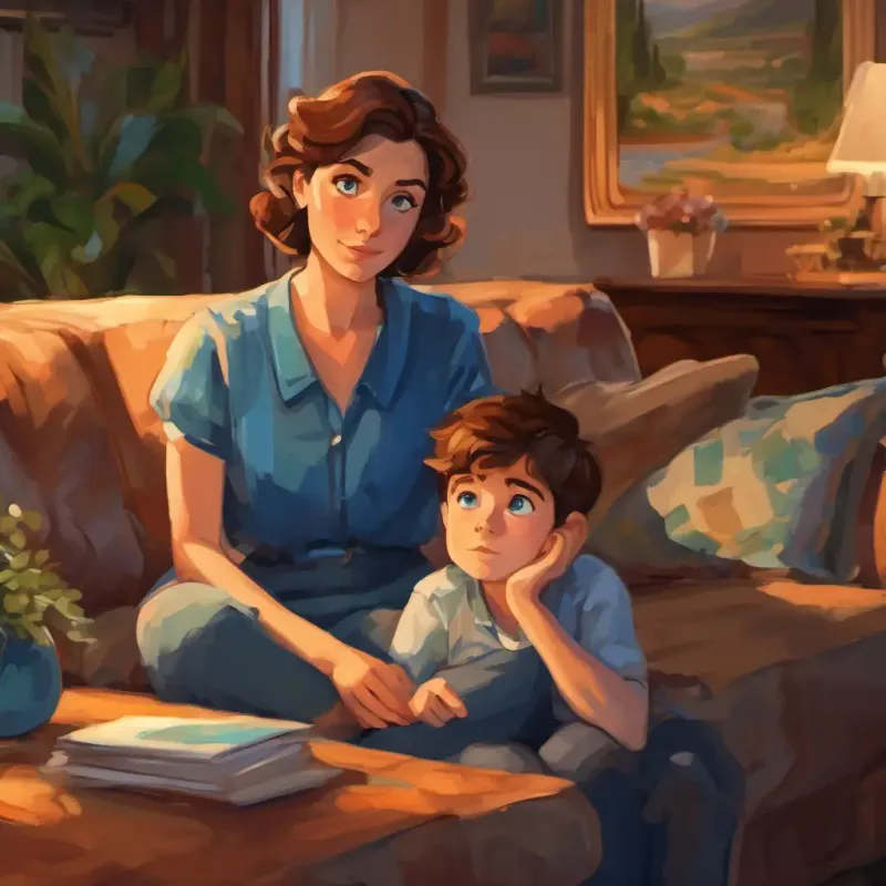 A curious boy with brown hair and sparkling blue eyes and his mom sitting on the living room couch