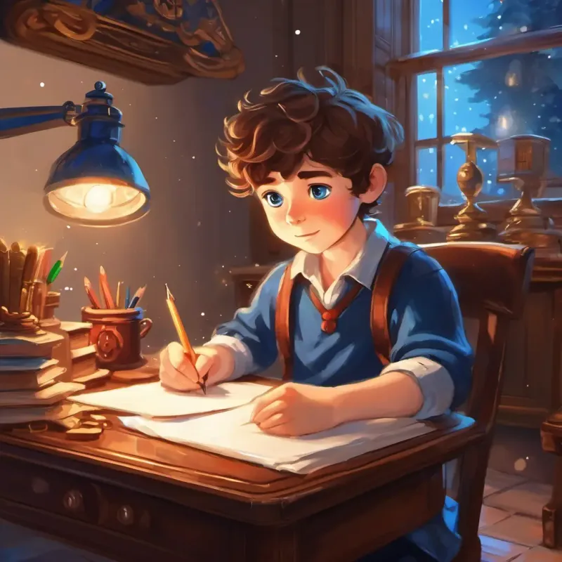 A curious boy with brown hair and sparkling blue eyes sitting at his desk, writing a letter to Santa