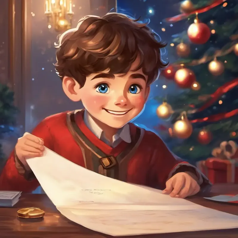 A curious boy with brown hair and sparkling blue eyes holding a letter from Santa, with a big smile on his face