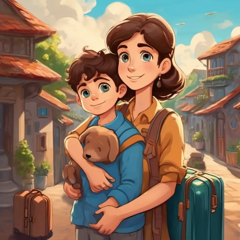 A curious boy with brown hair and sparkling blue eyes and his mom hugging, with suitcases packed for their trip