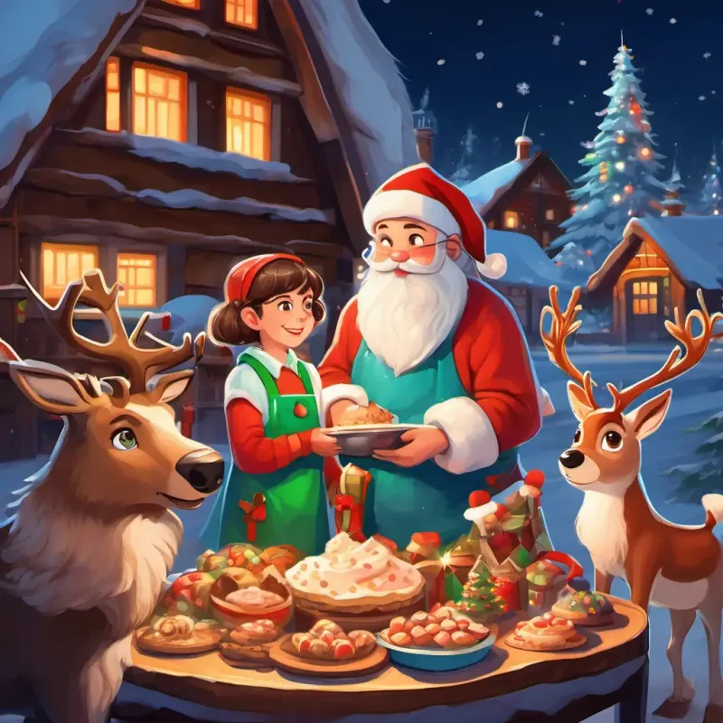 A curious boy with brown hair and sparkling blue eyes and his mom standing in the North Pole, surrounded by Santa, elves, reindeer, and A sweet lady with glasses, wearing an apron and baking delicious treats