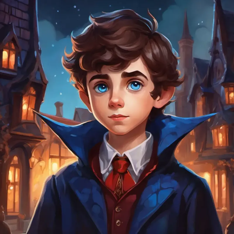A curious boy with brown hair and sparkling blue eyes dressed as a vampire, trick-or-treating with the elves
