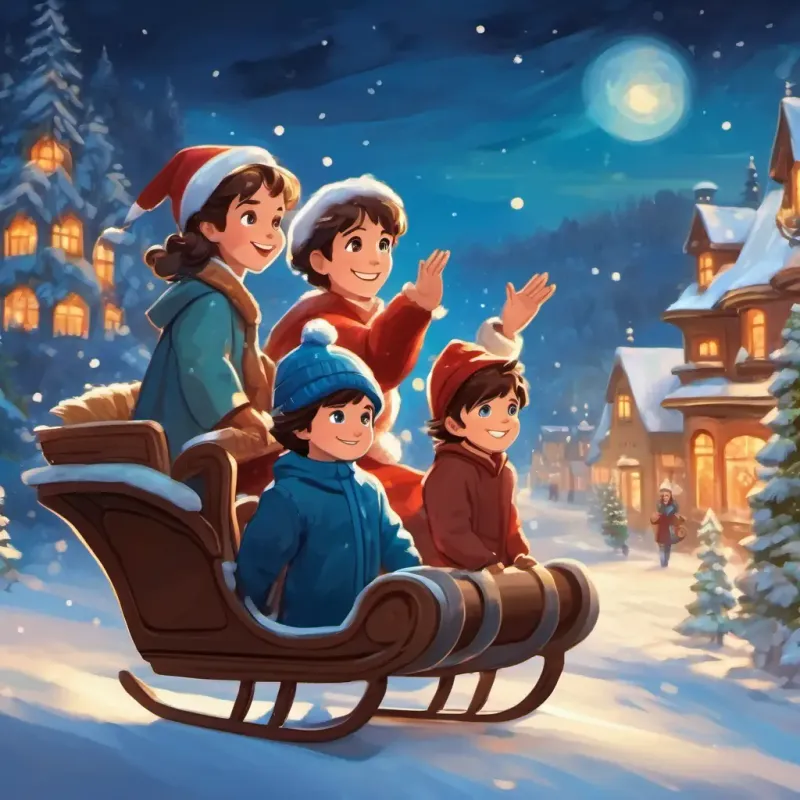 A curious boy with brown hair and sparkling blue eyes and his mom waving goodbye to Santa and his friends, flying on the magical sleigh