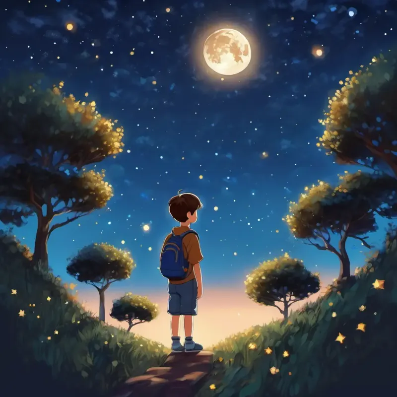 A curious boy with brown hair and sparkling blue eyes looking at the night sky, filled with stars and the moon