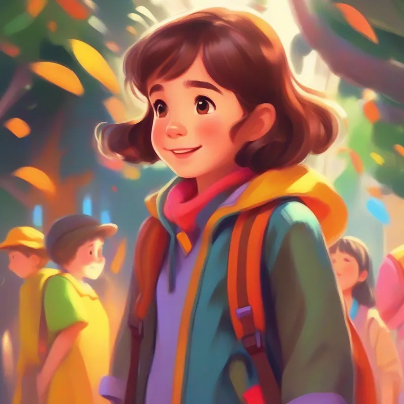 Curious girl with brown hair and a playful smile, wearing colorful clothes. forgets to listen and gets distracted by friends playing.