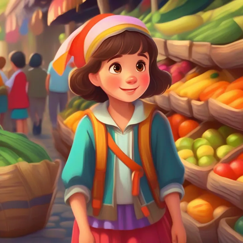 Curious girl with brown hair and a playful smile, wearing colorful clothes. arrives at the market late and feels guilty.