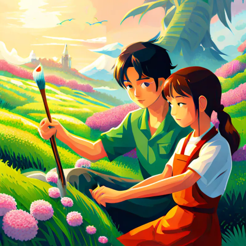 Kai and Seth paint flowers on planet Flutter
