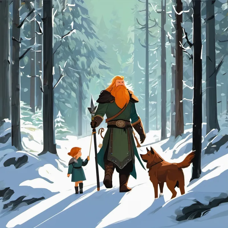Es war einmal ein kleines Wikingermädchen namens Freya. Sie hatte rote Haare wie Feuer und einen kleinen, treuen weißen Hund namens Odin. Freya und Odin waren die besten Freunde und immer bereit für neue Abenteuer. Eines sonnigen Tages entschied Freya, dass sie den geheimnisvollen Wald erkunden wollte. Dieser Wald wurde gemunkelt, ein Zuhause für mystische Kreaturen zu sein. Freya und Odin machten sich auf den Weg und wanderten durch das dichte Grün des Waldes.