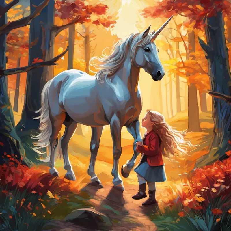 Das Einhorn brachte sie zurück in den unheimlichen Wald, wo sie sich voneinander verabschiedeten. Freya und Odin gingen Hand in Pfote den Weg zurück nach Hause, wissend, dass sie viele großartige Geschichten zu erzählen hatten. Von diesem Tag an erzählte Freya allen ihre Abenteuer mit dem Einhorn und dem Geschichtenerzähler, und ihre roten Haare flammten jedes Mal wie Feuer, wenn sie aufgeregt davon sprach.