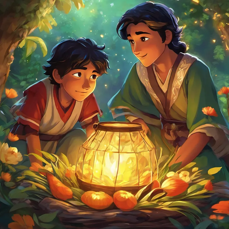 Finally, after days of searching, they found the beautiful bird with feathers as bright as the morning sun and the flower that glowed like a thousand stars. Holding their breath, they recited the spell, watching as Ali's voice slowly returned. His laughter filled the air, signaling the success of their brave quest. Having defeated the spell, Filipe, Ali, and Musa returned to the village, where they were hailed as heroes and celebrated with a grand feast. Ali thanked his friends for their unwavering support and bravery, realizing that true friendship could overcome any challenge, even the darkest magic.