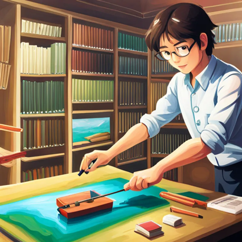 Sam draws a rectangular base and adds long rectangles for the bow