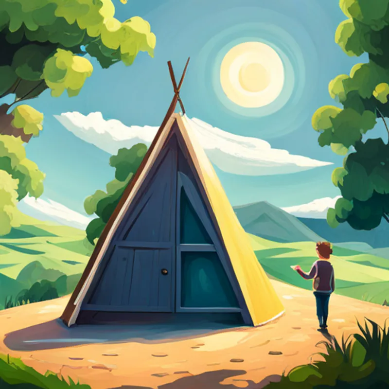 Sam adds a rectangle door and a circle dome inside the triangle