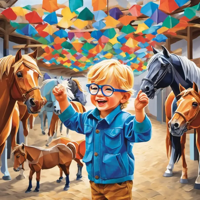 Konstantin stands in the stable yard, his hat flapping in the breeze, surrounded by colorful horses with bright shining coats, feeling the excitement build as he politely asks the horses for a ride.