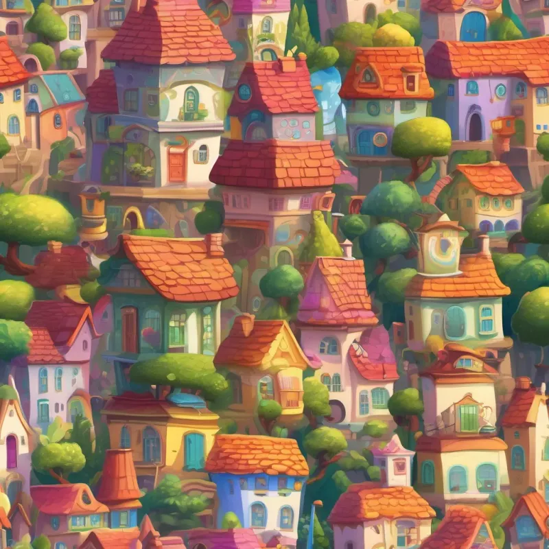 A whimsical, colorful town full of bright houses and gardens, featuring a playful, colorful worm, always in motion, bright-eyed and wearing a tiny top hat the worm, animated, cheerful, and swaying.