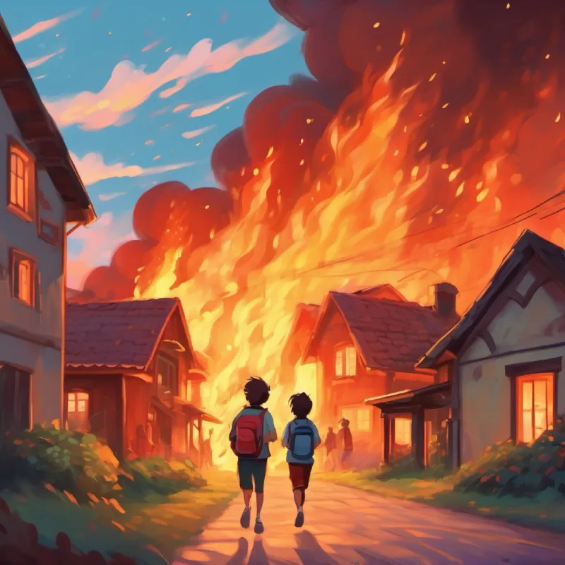 Everyone runs outside to escape the fire, sees more fire.