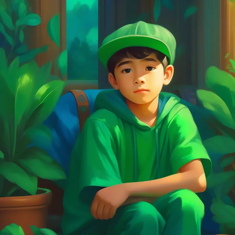 Younger brother, dreamer, wearing green clothes and a hopeful face dreams of being rich, blue and green colors.
