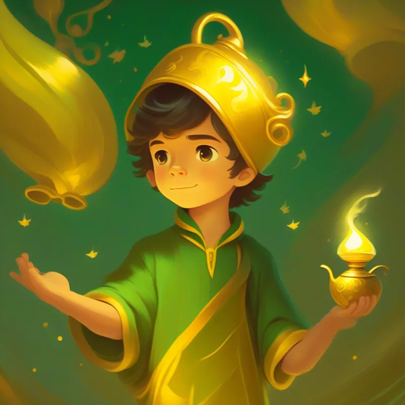 Younger brother, dreamer, wearing green clothes and a hopeful face finds a magic lamp, yellow and gold colors.
