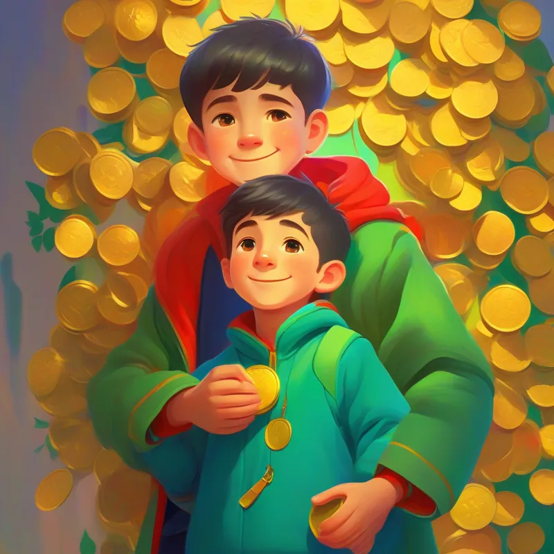 Younger brother, dreamer, wearing green clothes and a hopeful face shows the bag of coins to Loving brother, kind-hearted, wearing blue clothes and a smile, yellow and red colors.