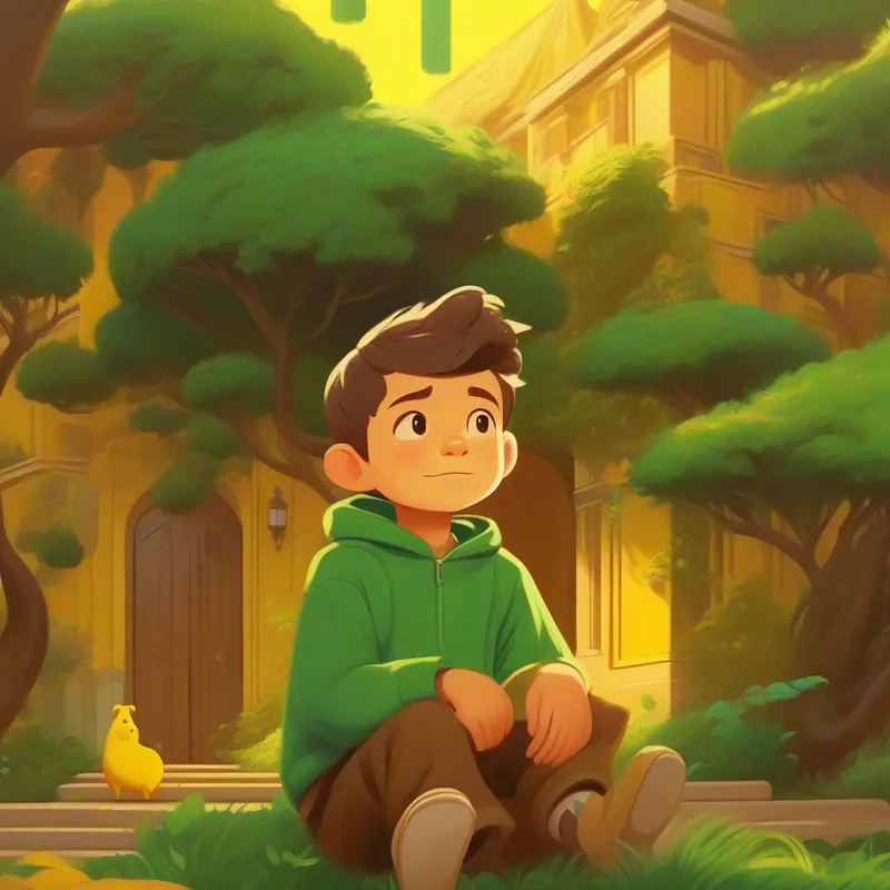 Younger brother, dreamer, wearing green clothes and a hopeful face gets a fancy mansion, yellow and brown colors.