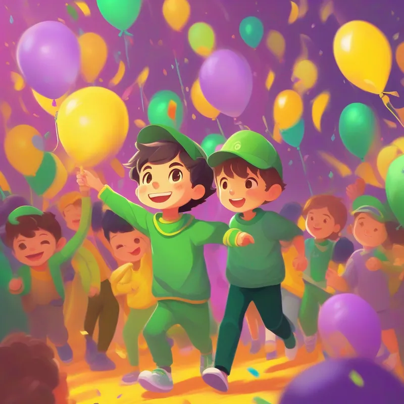 Younger brother, dreamer, wearing green clothes and a hopeful face throws a party, yellow and purple colors.