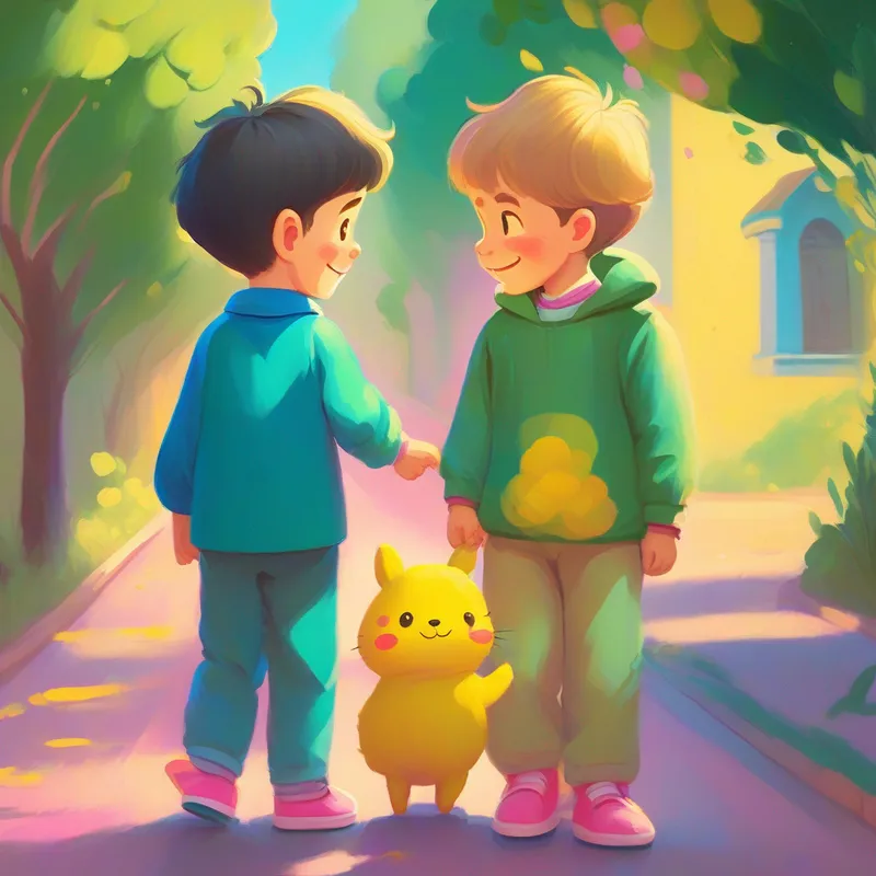 Loving brother, kind-hearted, wearing blue clothes and a smile talks to Younger brother, dreamer, wearing green clothes and a hopeful face about happiness, yellow and pink colors.
