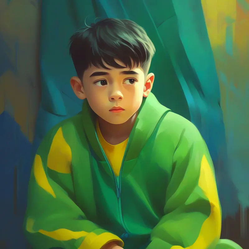 Younger brother, dreamer, wearing green clothes and a hopeful face learns from his mistakes, yellow and blue colors.