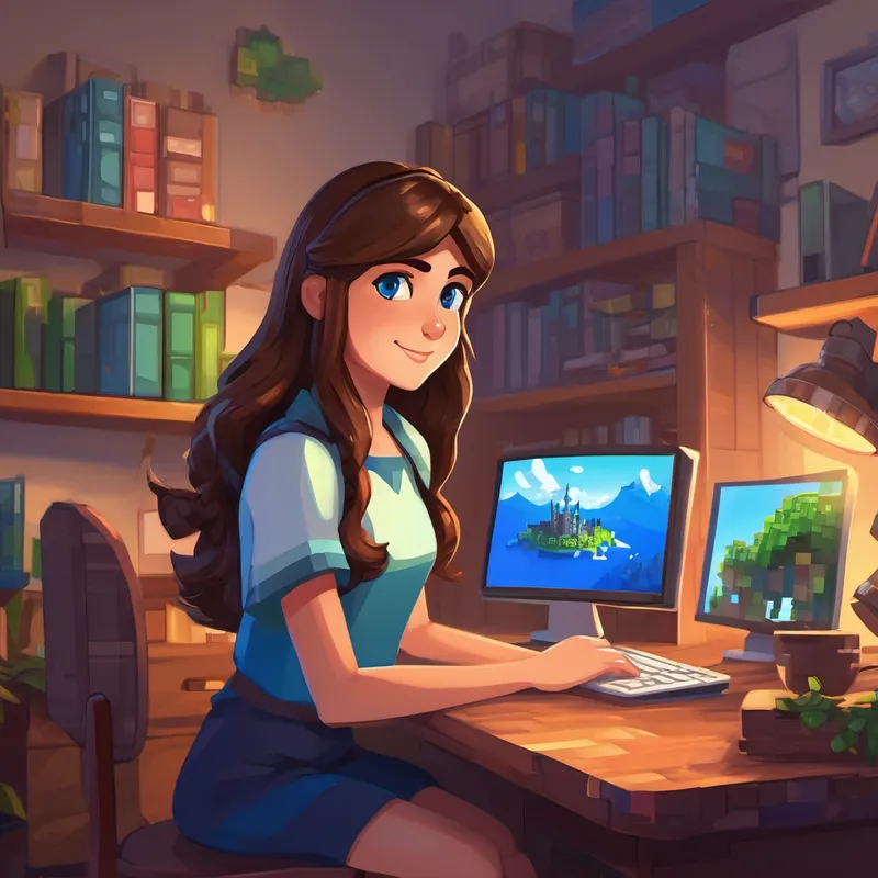 Hilal has brown hair, bright blue eyes, and a friendly smile sitting at her desk with a Minecraft world on her computer screen.