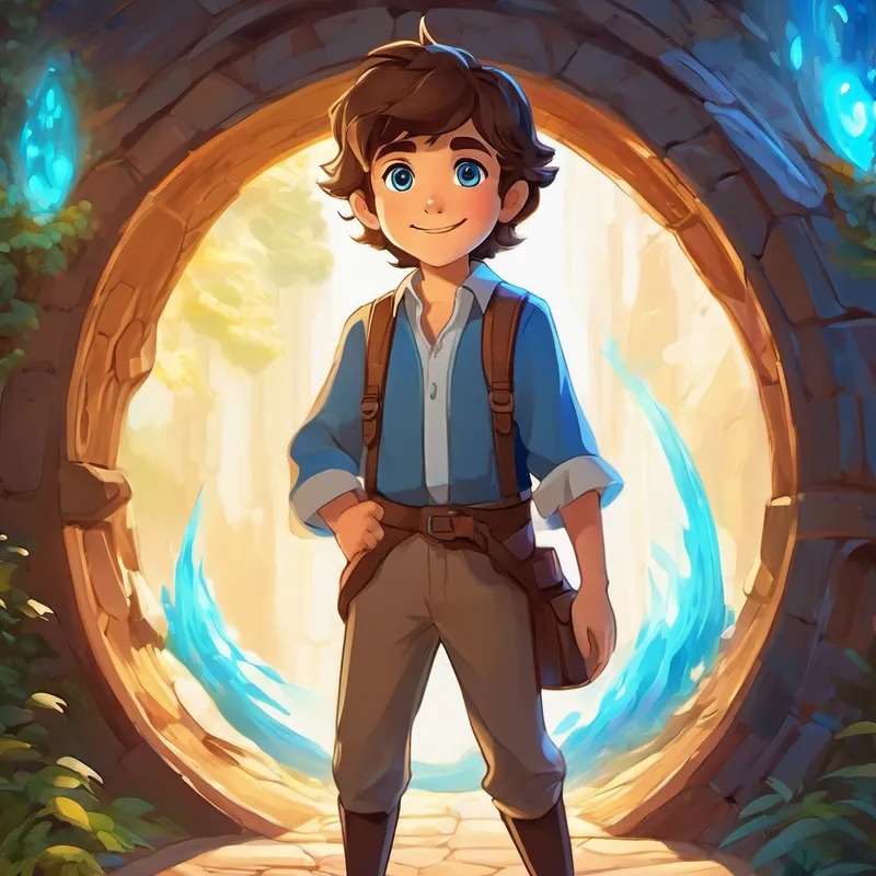 Hilal has brown hair, bright blue eyes, and a friendly smile's character standing in front of a glowing portal.