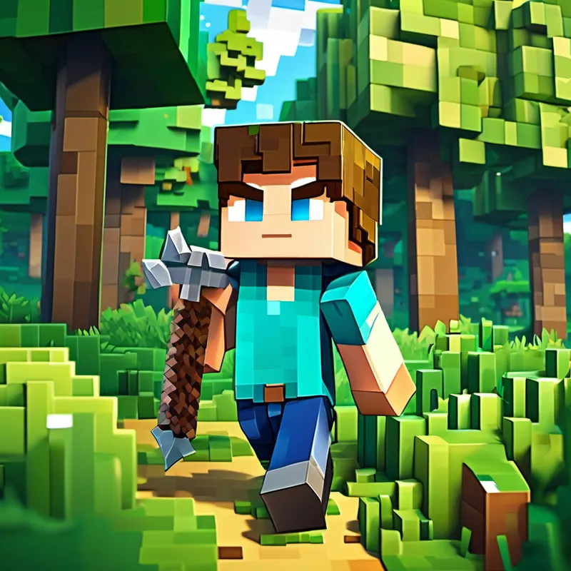 Hilal has brown hair, bright blue eyes, and a friendly smile surrounded by blocky trees and grass in the Minecraft world.