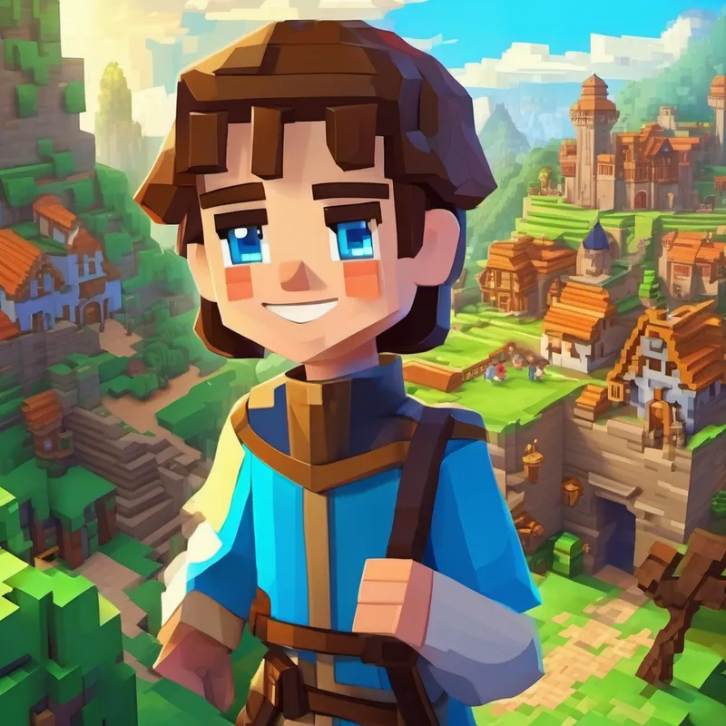 Hilal has brown hair, bright blue eyes, and a friendly smile talking to villagers and knights in the Minecraft world.