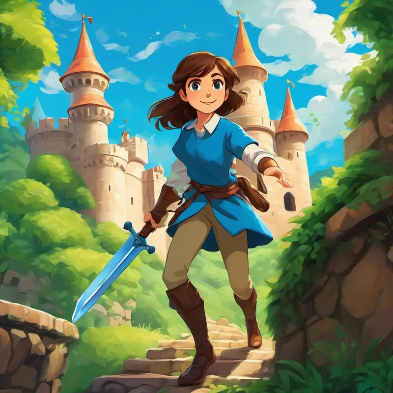 Hilal has brown hair, bright blue eyes, and a friendly smile fighting off a creeper with a sword inside a castle she built.