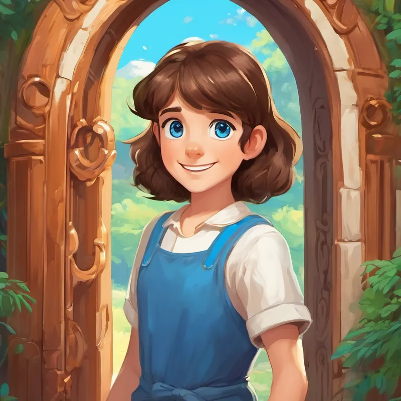 Hilal has brown hair, bright blue eyes, and a friendly smile's character standing in front of a new portal.