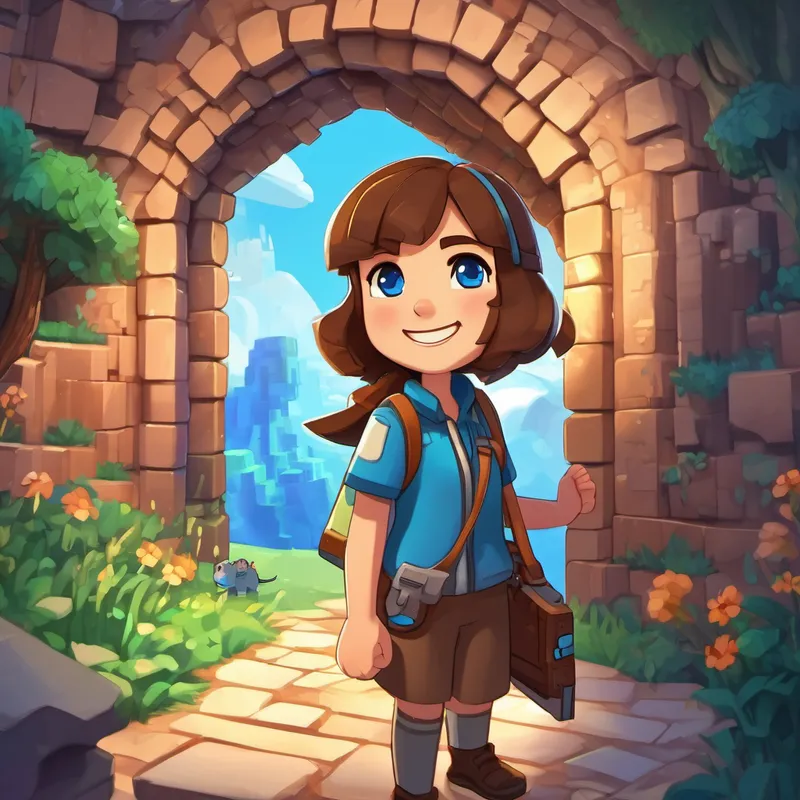 Hilal has brown hair, bright blue eyes, and a friendly smile waving to her Minecraft friends as she steps out of the portal.