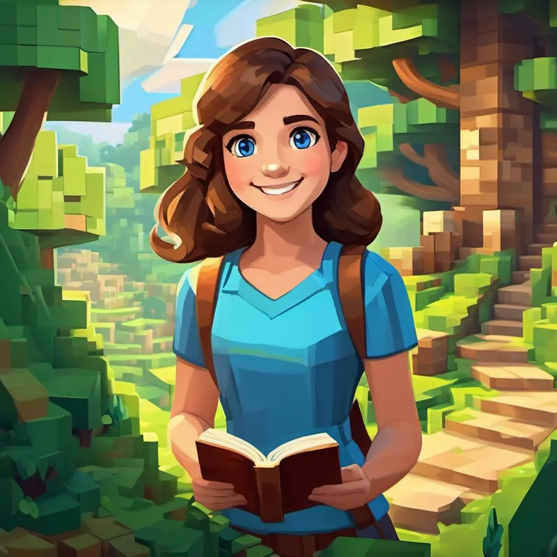 Hilal has brown hair, bright blue eyes, and a friendly smile looking at a photo of her Minecraft adventure with a big smile.