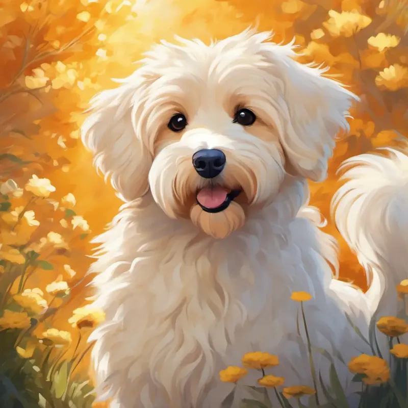 Blonde hair, like the color of the sun with blonde hair, White fluffy fur, wagging tail the Pyredoodle with white fluffy fur
