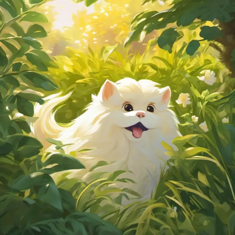 Blonde hair, like the color of the sun and White fluffy fur, wagging tail peeking through the bushes, frogs