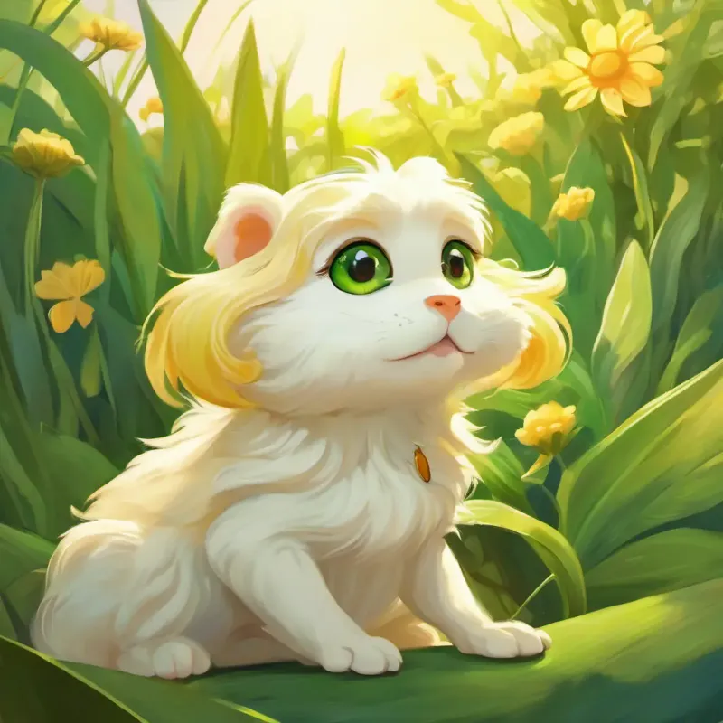 Blonde hair, like the color of the sun holding a green frog, White fluffy fur, wagging tail wagging her tail