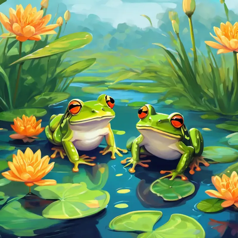 Frogs named Fred, Lily, and Hoppy jumping on lily pads