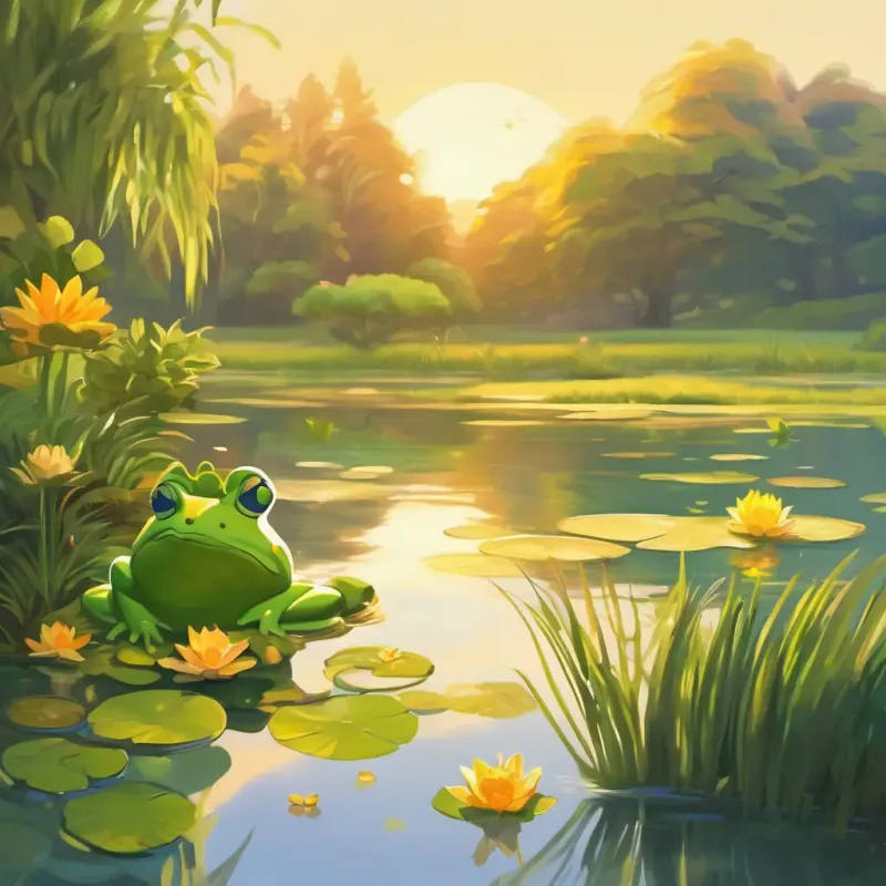 Blonde hair, like the color of the sun placing frogs near the pond, waving goodbye