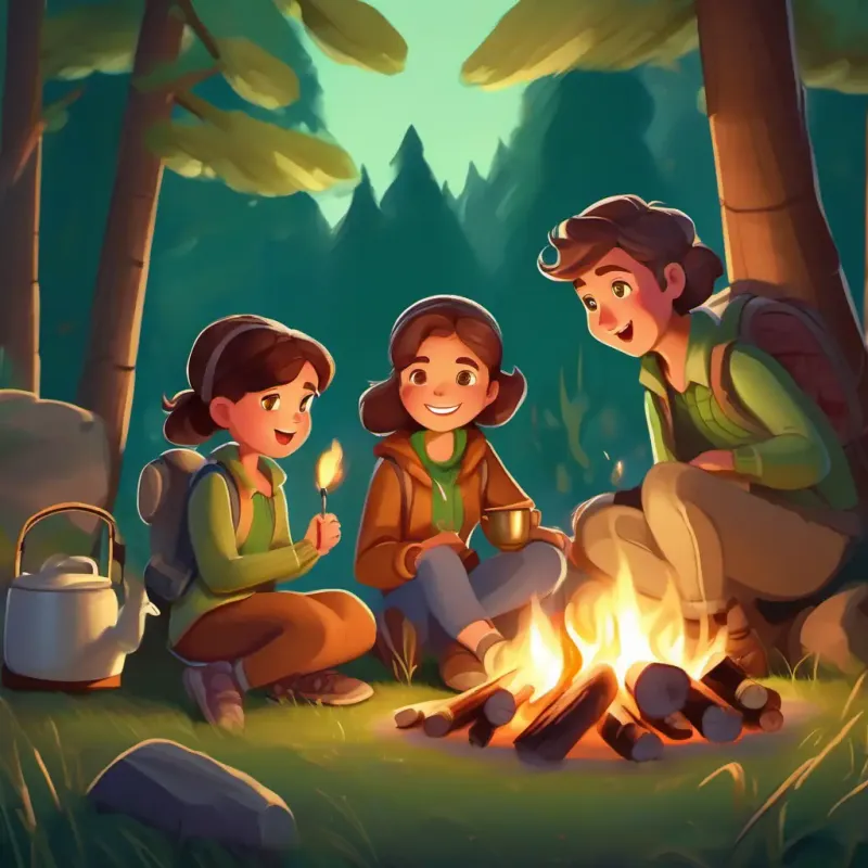 Curious girl with brown hair and sparkling green eyes and her family setting up their campsite. Arriving at the campsite, setting up the tent and campfire, roasting marshmallows and singing songs