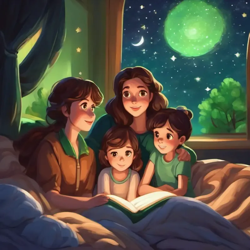 Curious girl with brown hair and sparkling green eyes and her family stargazing. Lying on blankets, looking at the night sky, feeling amazed and curious