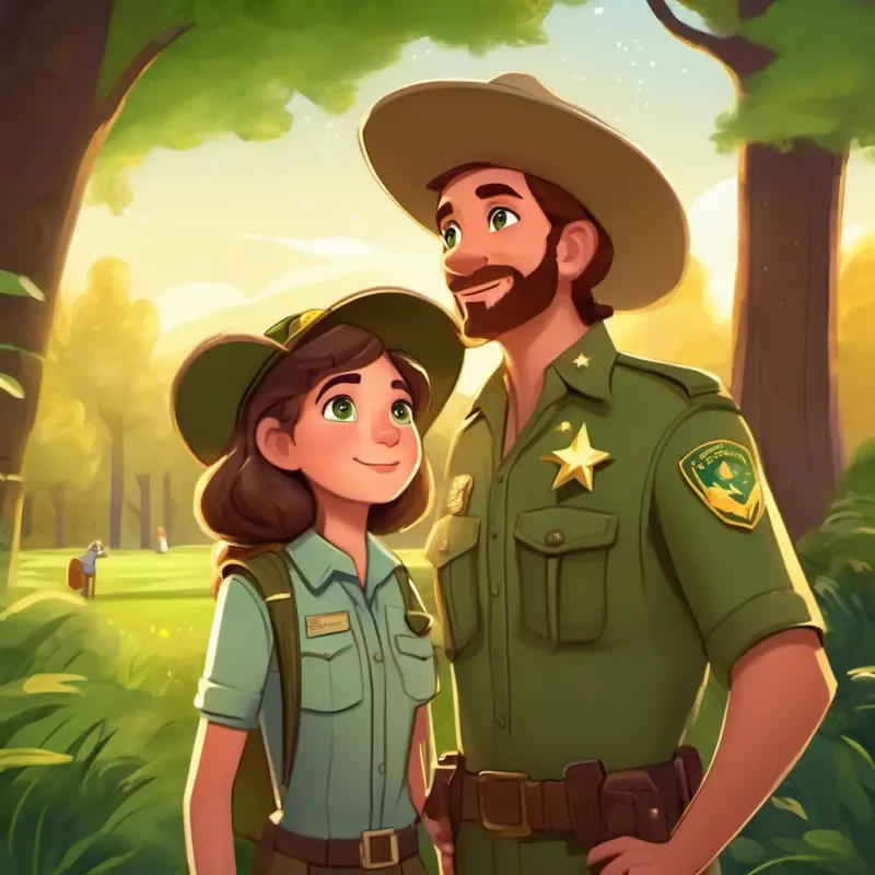 Curious girl with brown hair and sparkling green eyes meeting the park ranger. Meeting the park ranger, learning about stars and constellations, feeling excited to find them