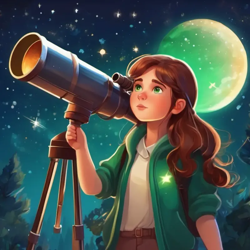 Curious girl with brown hair and sparkling green eyes using a telescope to find constellations. Using a telescope, finding constellations, feeling like a true explorer
