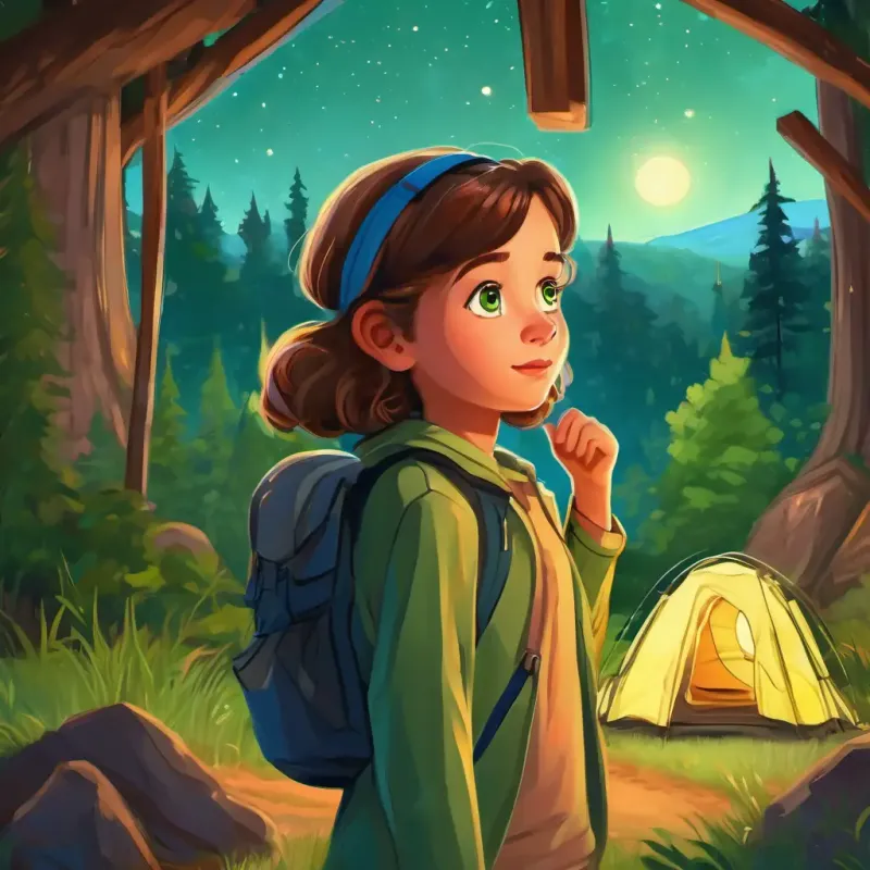 Curious girl with brown hair and sparkling green eyes's realization and conclusion of the camping trip. Realizing the value of curiosity and learning, knowing that the universe is full of wonders, conclusion of the camping trip